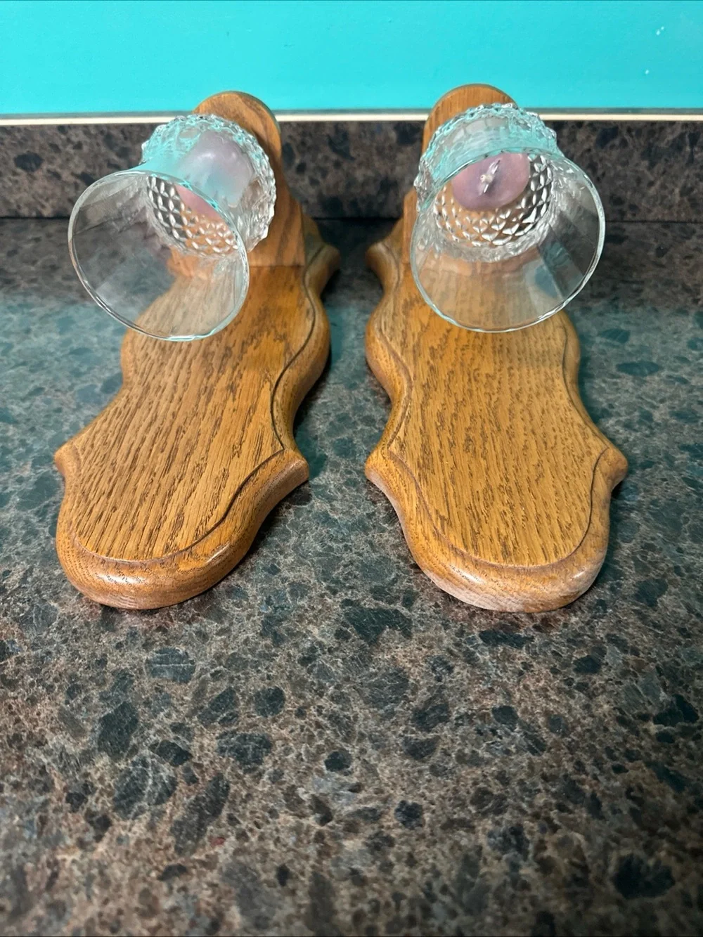 Oak Wall Sconce Candle Holders with Clear Glass Shades - Set of 2